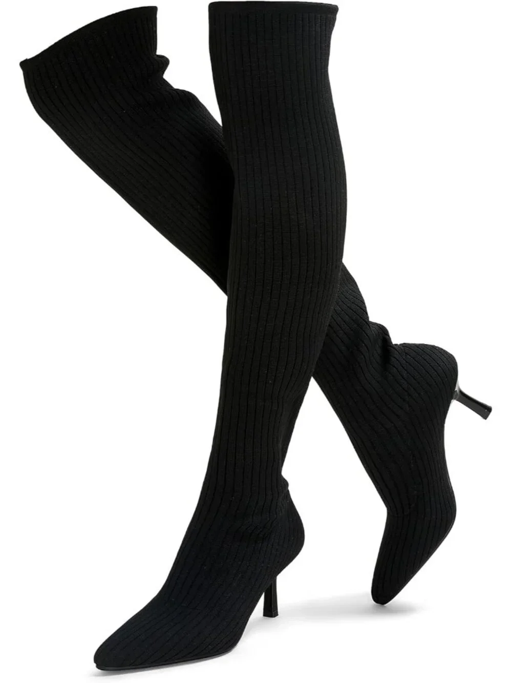 Women's Black Pointed Toe Synthetic High Heel Stretch Over The Knee Knit Boots